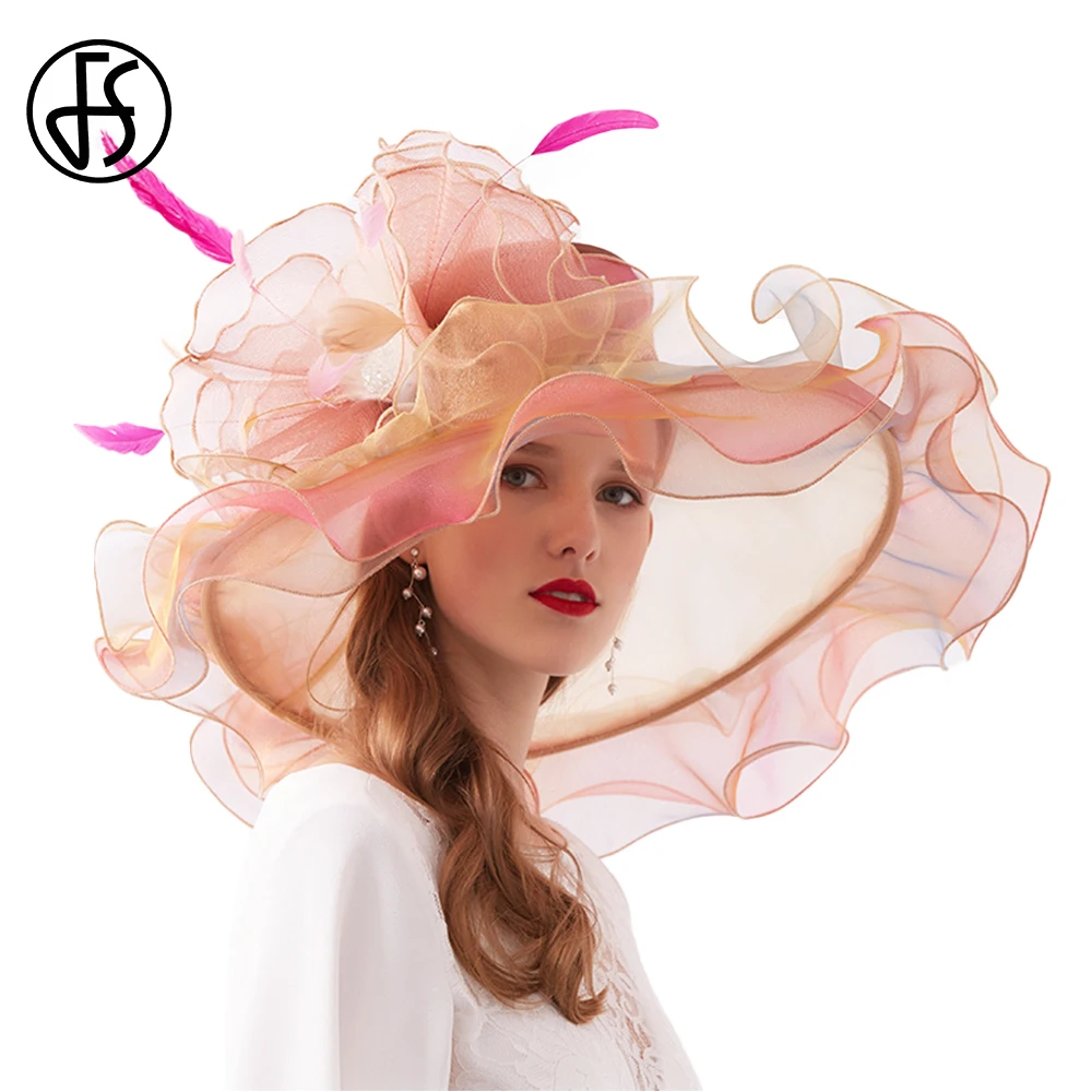 FS Luxury Flower Fascinators Organza Church Hat For Women Elegant Wedding Bride Cap Wide Brim Tea Party Kentucky Derby Hats 2024