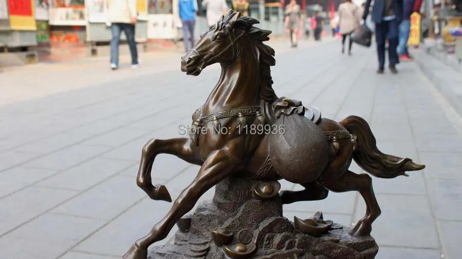 Feng shui Pure Bronze Lucky Yuan Bao Money bag Horse Statue