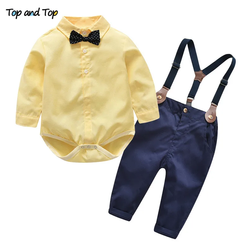 

Top and Top Autumn Kids Boys Clothes Set Baby Boy Gentleman Outfit Long Sleeve Romper Shirt with Bow Tie + Suspenders Trousers