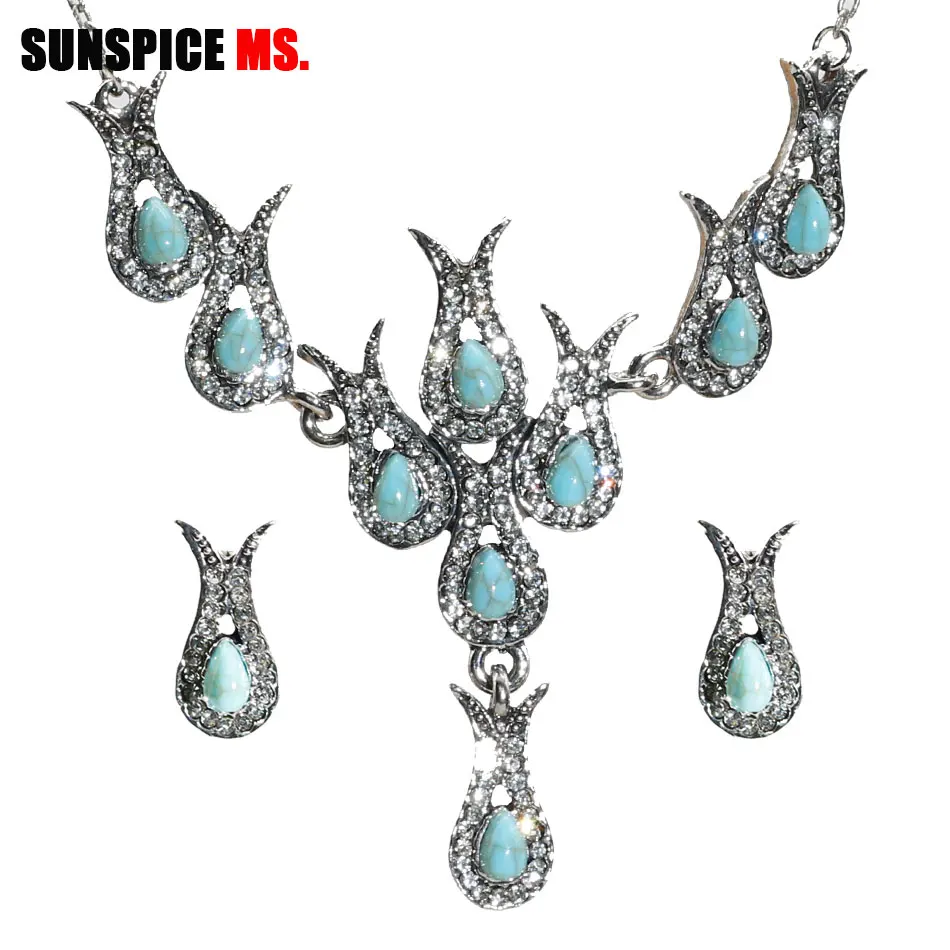 SUNSPICE MS Antique Silver Color Rhinestone Earring Necklace Sets For Women Morocco Traditional Wedding Jewelry Gifts