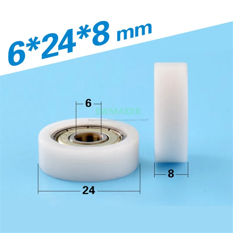 10pcs 6*24*8mm F type POM engineering plastic roller, 626ZZ bearing pulley, nylon wheel for drawer/showcase/furniture