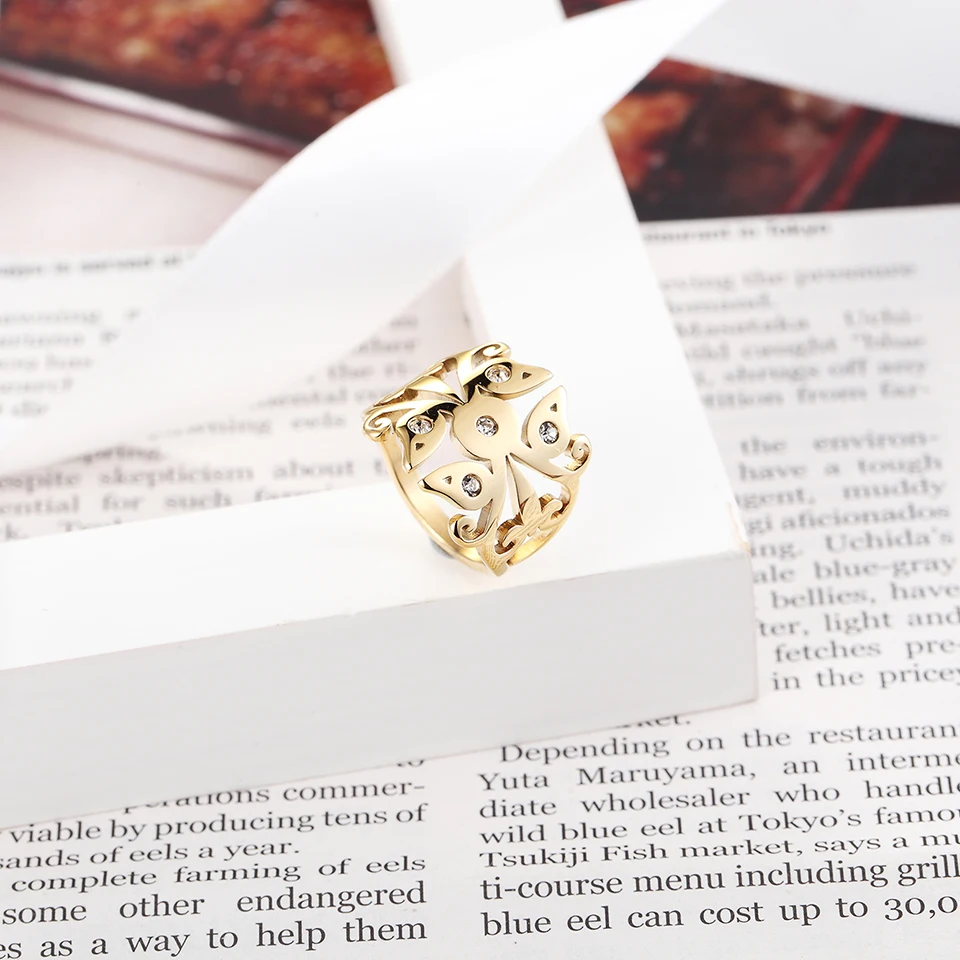 BORASI New Ring Feather Rings For Women Vintage Gold- Color Crystal CZ Zircon Stone Stainless Steel Engagement Bridal Jewelry