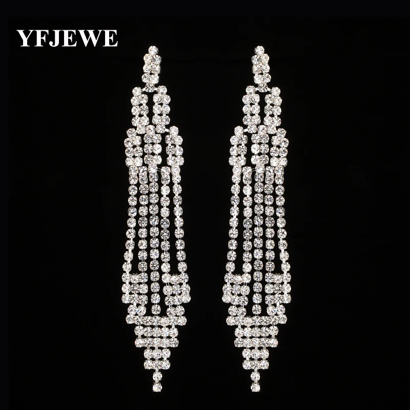 YFJEWE Full Crystal Tassels Classic Accessories Long Drop Statement Earrings Hanging Bridal Wedding Earrings Dangle Jewelry E476