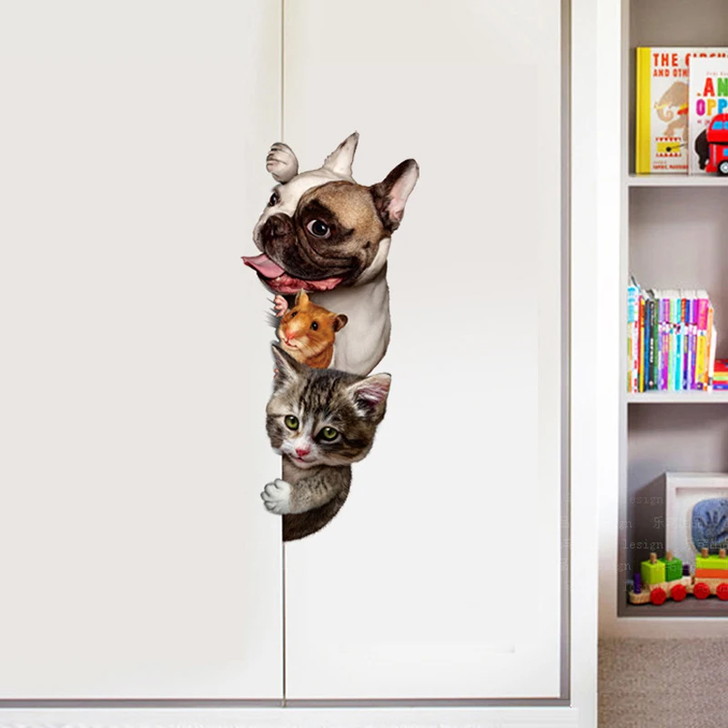 Funny Cat Dog Door Wall Edge Sticker Kids Rooms Living Room Home Decor Background Art Decals Cute Animas Fridge Decoration Mural