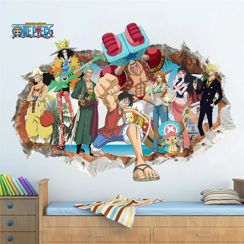 Cartoon One Piece Roles Broken Hole 3d Wall Stickers For Kids Room Home Decoration Anime Mural Art Diy Boys Wall Decals