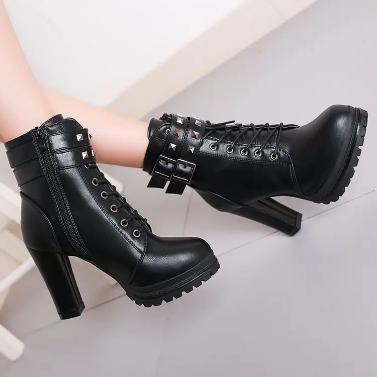 New Autumn Women Ankle Boots Platform High Heel Shoes Ladies Lace Up Buckle Strap Short Boots Casual Female Footwear