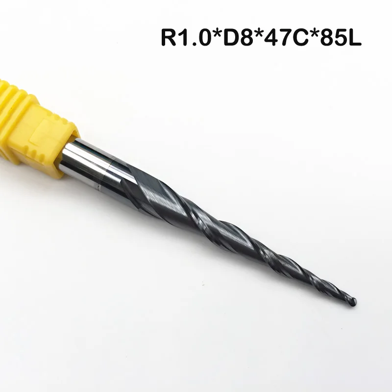 1pc R1.0*D8*47*85L*2F HRC55 Tungsten solid carbide Coated Tapered Ball Nose End Mills cone CNC milling cutter wood knife tools