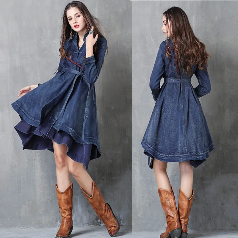 Long Trench Dress for Women, Vintage Denim Outerwear, Long Sleeve, Ladies, S-L Embroidery Coats with Belt, New Fashion,2024