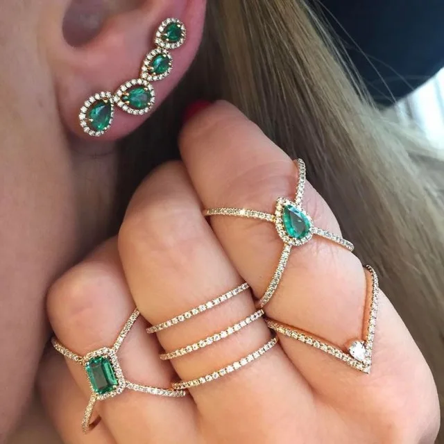 Bling AAA Green Cz Stone Long Ear Climber Stud Earring For Women Romantic Wedding Gift Fashion Teardrop Cubic Zirconia Jewelry