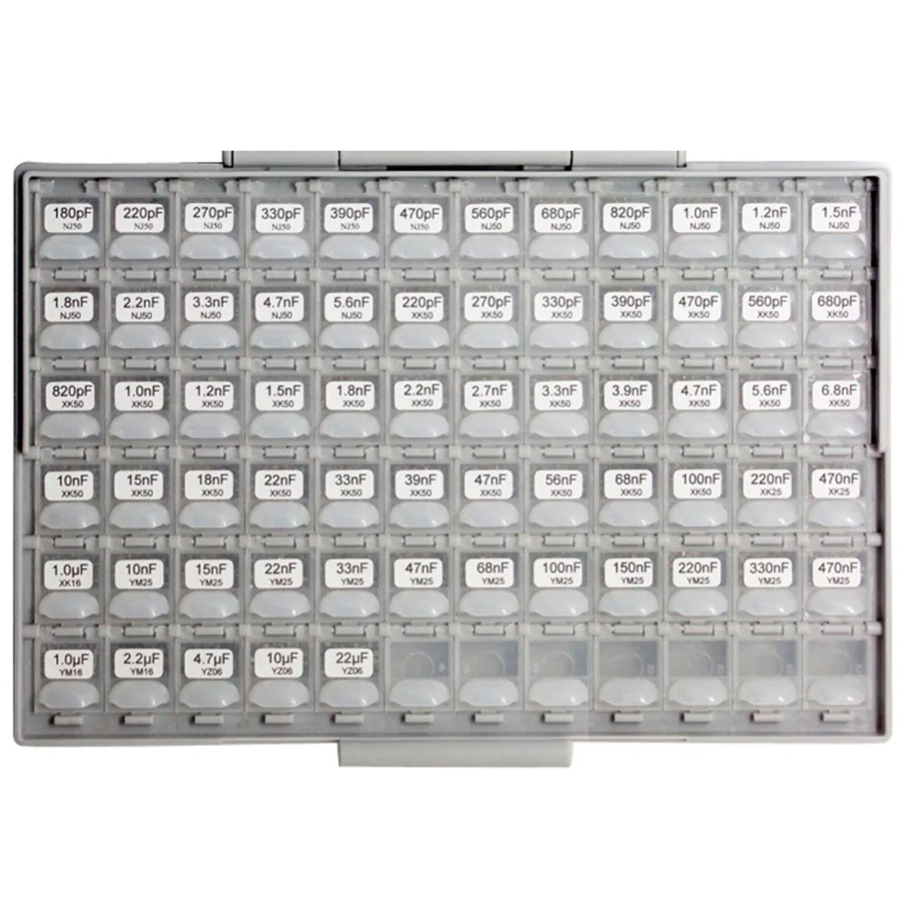 AideTek SMD 1206 Capacitor box  Kits up to 22uF 89V x 50pcs X7R NPO Distributed assorted capacitor organizzation storage C1250