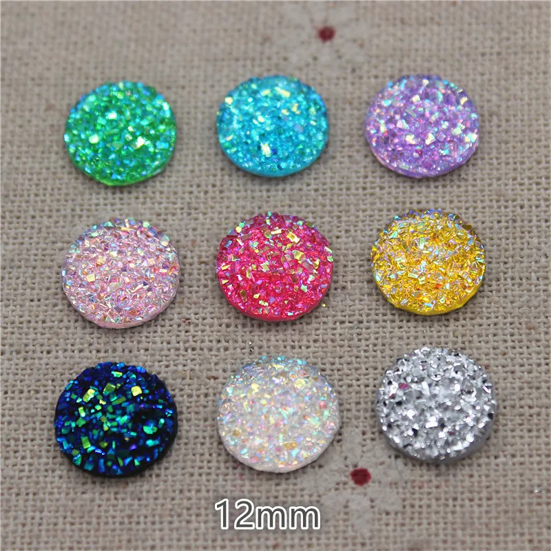 100pcs 12mm Round Resin Shiny AB Druzy Stone Surface Rhinestone Flatback Cabochon DIY Decorative Craft Scrapbooking Accessories