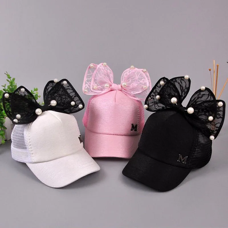 Luxury Big Bow Fashion Summer Kids Black White Pink Lace Floral ear Baseball Caps With Pearl Children Sun Hats Princess Mesh cap