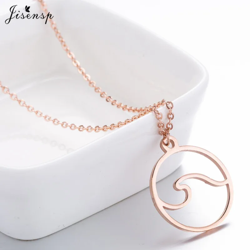 Jisensp Stainless Steel Wave Necklace Pendants Long Chain Beach Nautical Surfing Necklace Jewelry Tropical Wedding Jewelry Gift