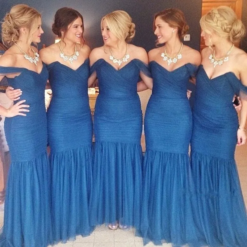 Elegant Mermaid Geplooide Lange Tulle Blue Bruidsmeisje Jurken Formele Gowns Prom Jurk Maat 2 4 6 8 10 12 14 16 18