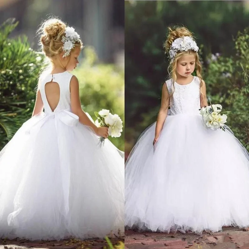 Vestido formal de primeira comunhão infantil, elegante, branco, flores, tule, sem mangas, para casamento, festa, vestido