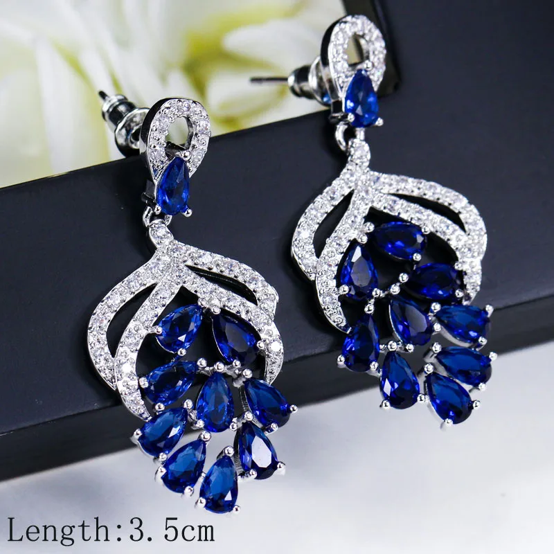 ThreeGraces Noble Big Cubic Zirconia Dark Blue Crystal Earring for Women Statement Round Flower Dangle Teardrop Earrings ER011