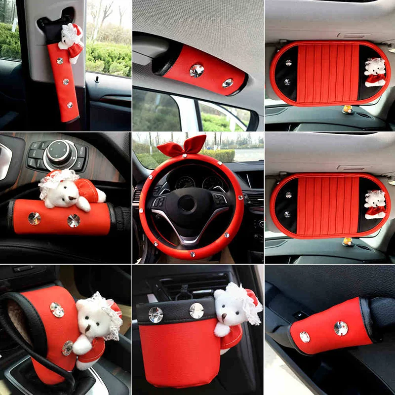 Red Car Interior Ddecoration Accessories For Wowmen Seat Belt Gear Cover Leather Diamond Steering Wheel Cover Headrest Pillow