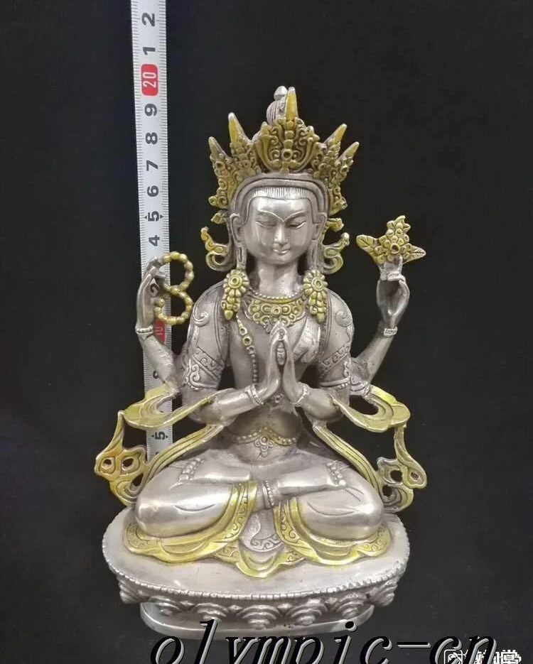 8''Tibetan Silver gold plating carved lotus buddhism Shadakshari Avalokitesvara