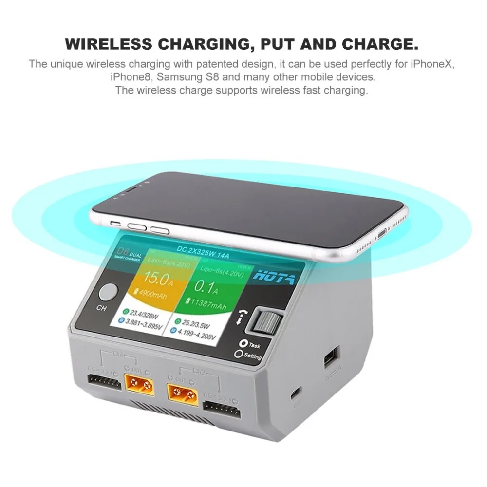 

High Performance Battery Charger HOTA D6 Dual Channel Intelligent Model Charger 2 in 1 For Phone RC Plane Wireless Charger