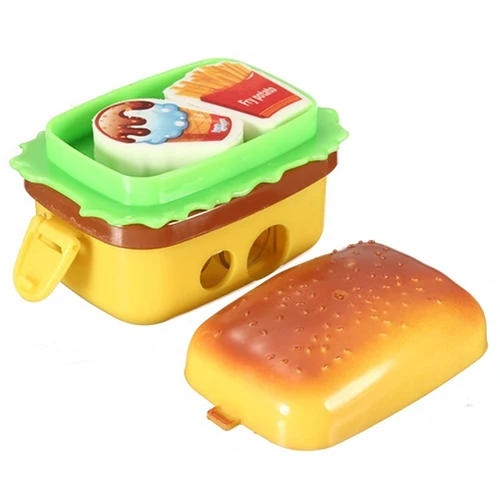 1Pc Cute Hamburger Pencil Sharpener with Two Rubbers Erasers Student Stationery