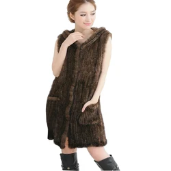 Women Real Knitted Mink Fur Vest With Belt Long Design Genuine Fur Coat With Hood Cape Jacket Mink Overcoat winter 2017 New