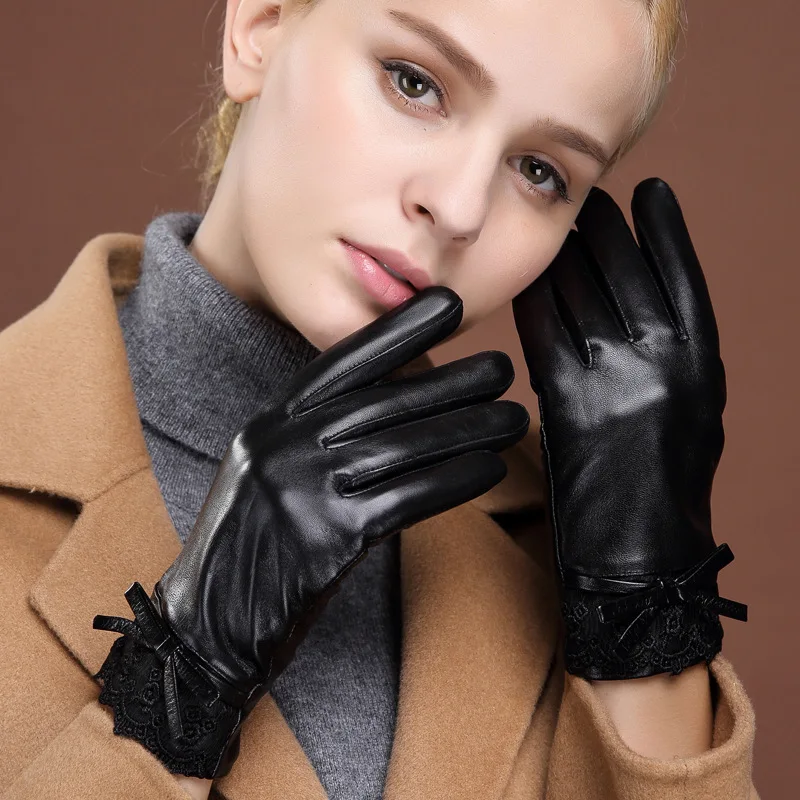 High Quality Ladies Genuine Leather Gloves Winter Plus Velvet Thick Warm Goat Gloves Driving Touch-Screen Short Gloves GR-8319-5