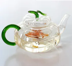 glass 600ml green leaves tea pot, pumpkin glass teapot