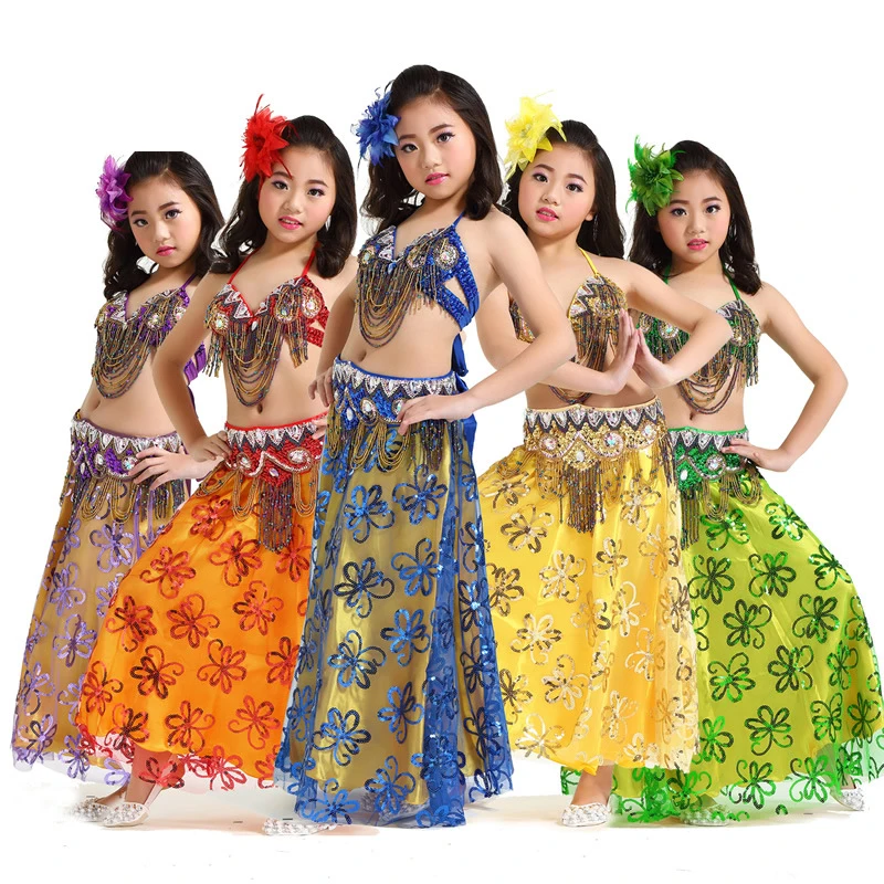 2018 New Arrivals Children Dance Wear Sequins Outfits Belly Dance Costume Stage Performance 3 Pieces Flower Skirt #853