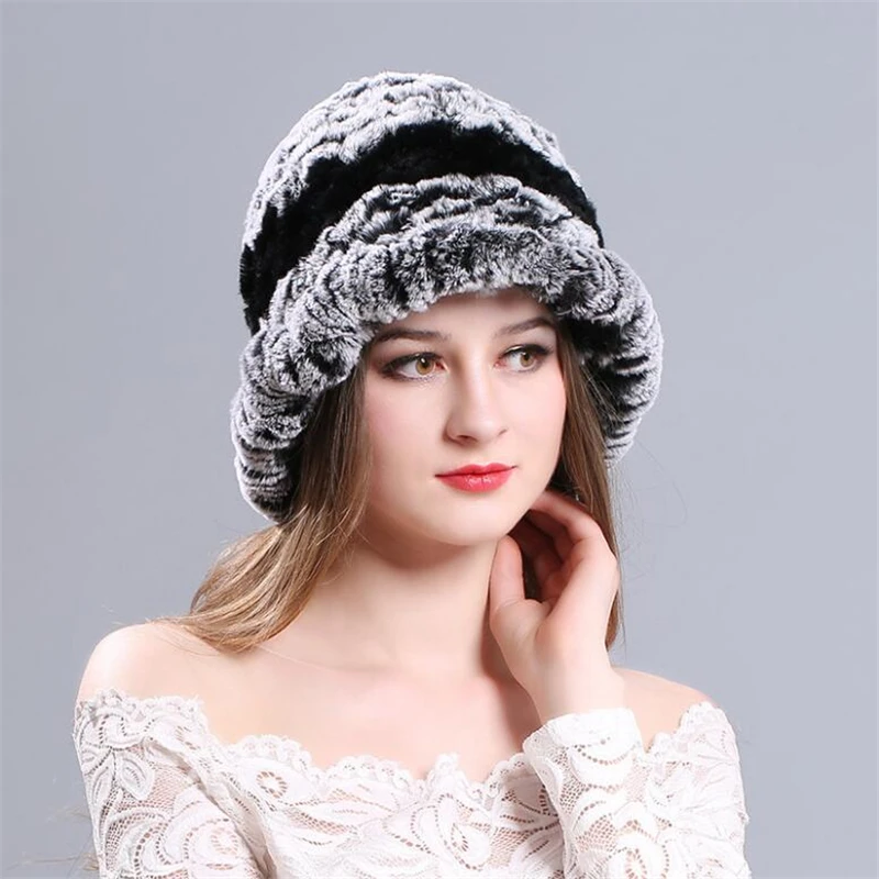 

IANLAN Fashion Winter Women Real Fur Bucket Hats Casual Knitted Rex Rabbit Fur Caps Ladies Handmade Striped Beanies IL00166