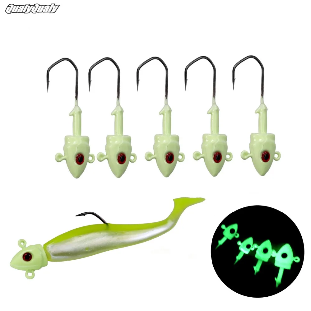 Luminous Glow Jig cabeça para Worm, gancho de pesca, Jig cabeças, chumbo, iscas duras, equipamento, 7g, 10g, 14g, 20g, 5pcs