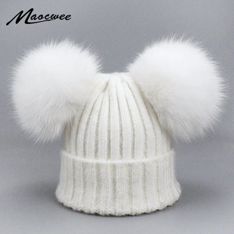 

Real Fox Fur Pompom Hat Women Children Girls Winter Wool Hats for Women Cute Two Pom Poms Beanies Knitted Skullies Female Cap