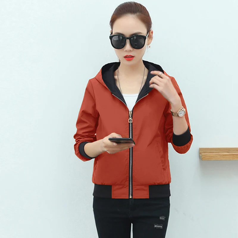 

Plus Size Female Short Coats Outwear Spring Autumn Hooded Loose Baseball Jackets Tops Women Casual Two Side Wear Jackets FP1427