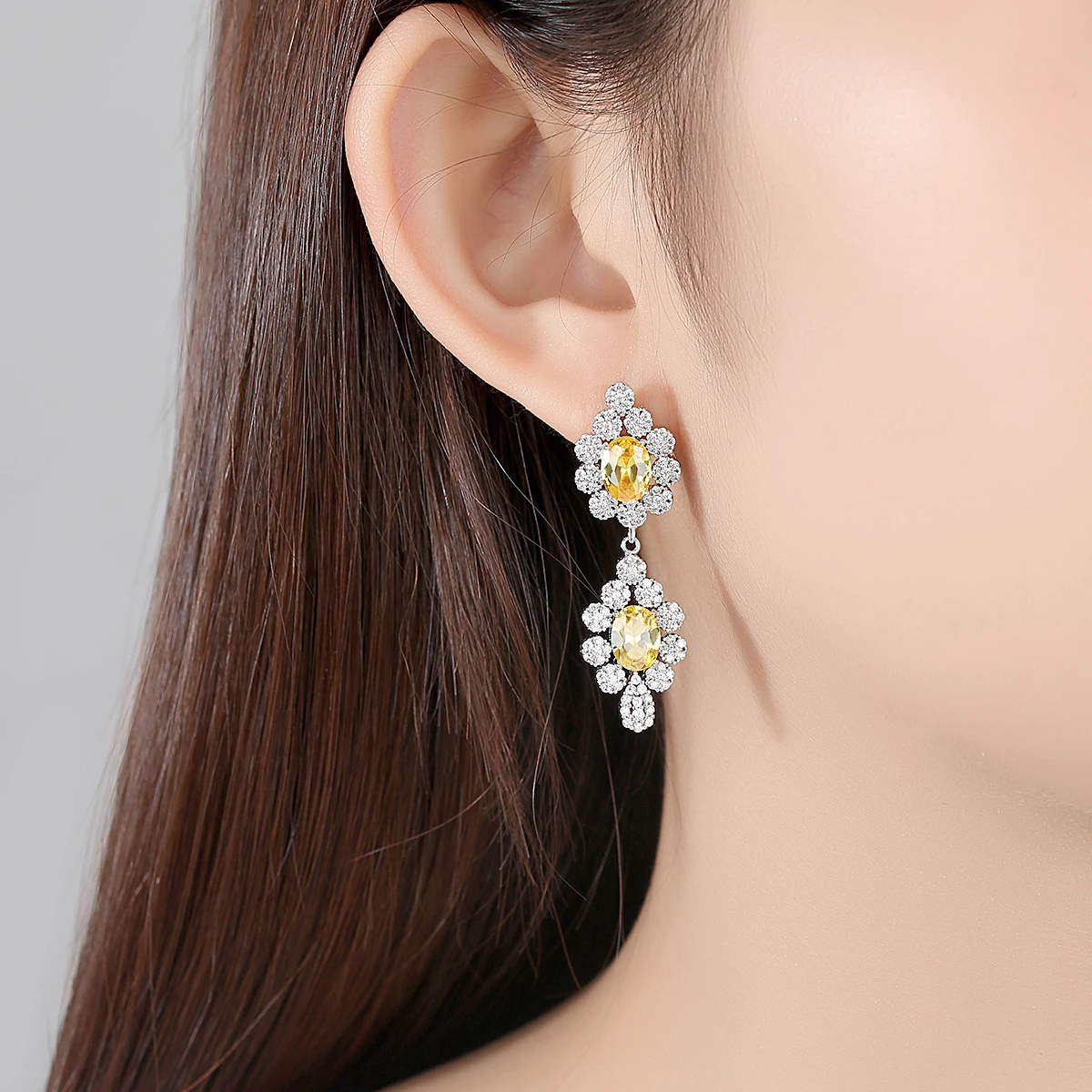 LUOTEEMI Exaggerated Luxury Cubic Zirconia Earrings Yellow/Clear Flowers Design Drop Jewelry for Women Girls Wedding Accessories