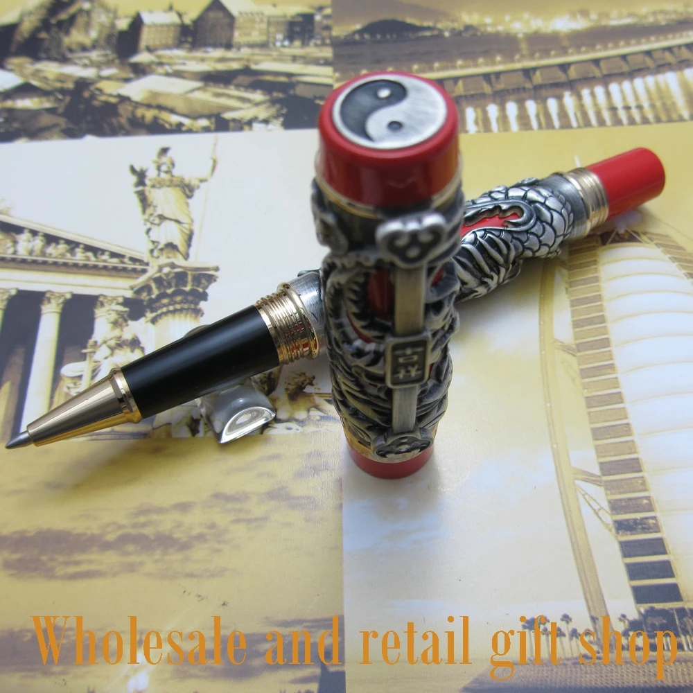 Jinhao Dragon Phoenix Heavy Gray Red Chinese Classical Luck Clip roller Pen and pen bag