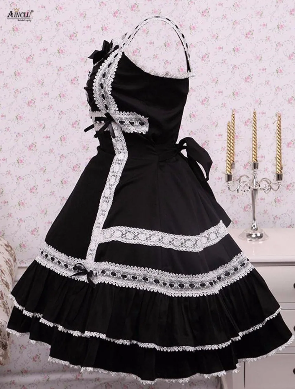 Middle-Long Dress Womens Cotton Black Sleeveless Lace Classic A-line Lolita Dress With White lacy/Bow Casual Bubble Lolita Dress