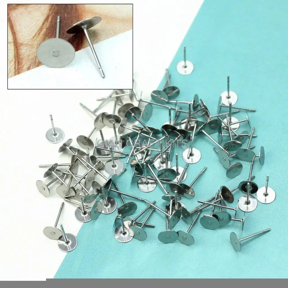 1000 sets mixed sizes (4mm-8mm gluable pads) Silver tone Base Metal Earring Posts Studs 12mm long w/ free silicone backs