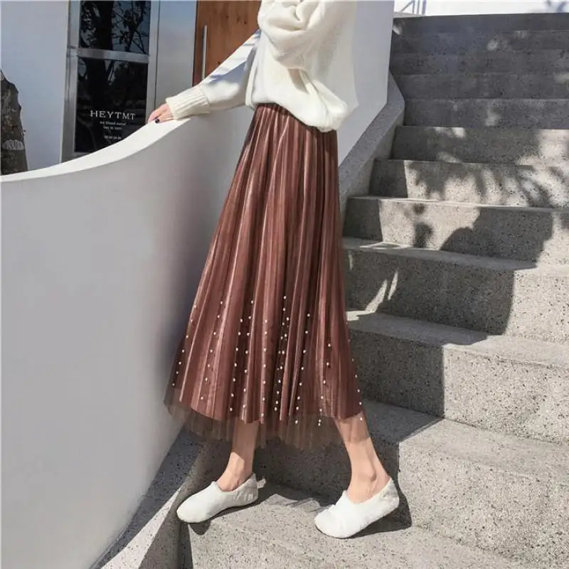 2024 Autumn And Spring New Arrial Beading Mesh Stitching Velvet Pleated Skirt Faldas Largas Elegantes  Available Free Shipping