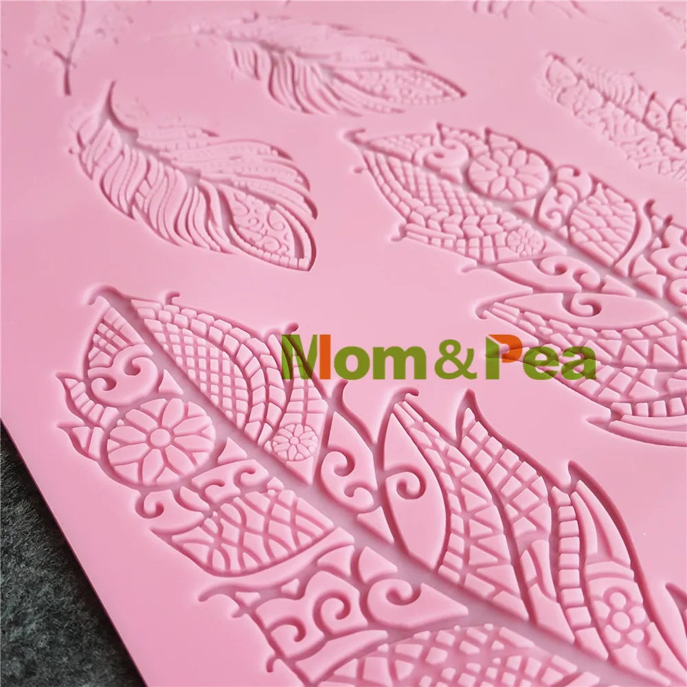 Mom&Pea GX176 Free Shipping Feather Lace Mold Cake Decoration Fondant Cake 3D Mold Food Grade Silicone Mould