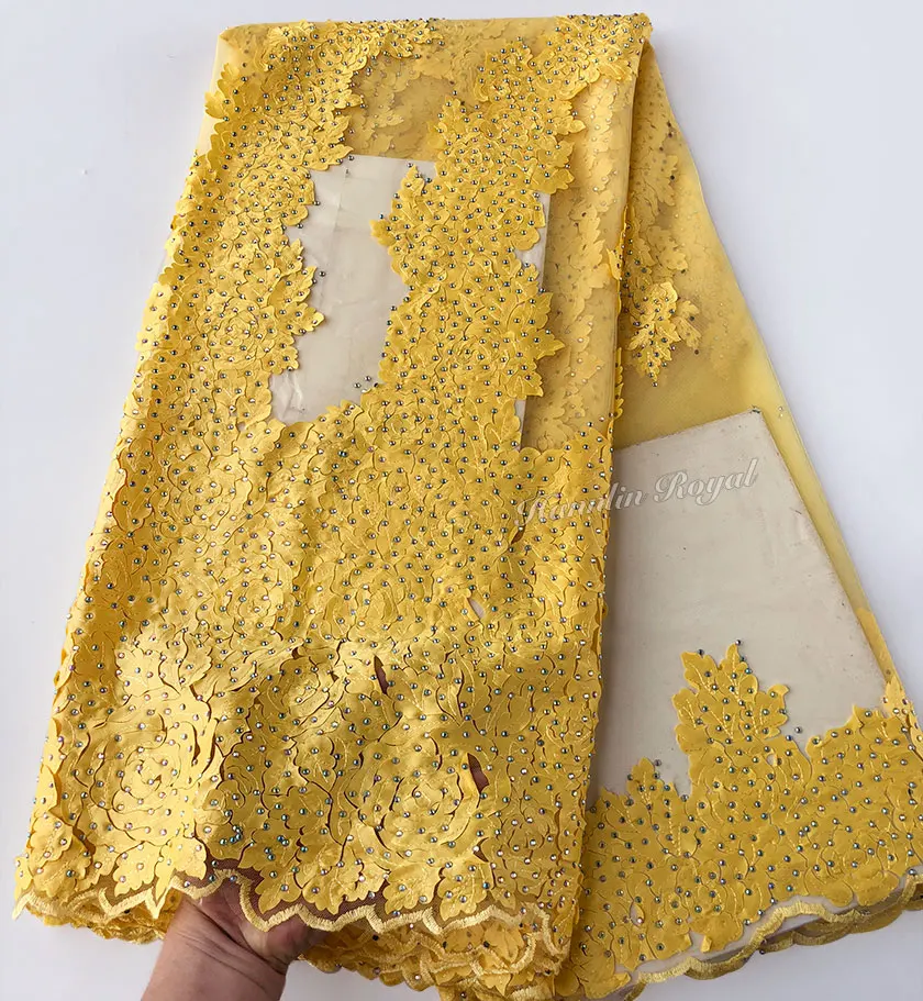 

plain yellow very soft African french lace Nigerian tulle lace fabric with allover stones Far Beautiful than picture wise choice