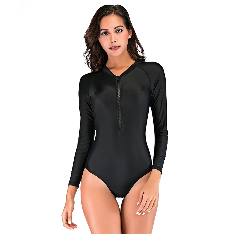 SBART Women Solid Color Front Zipper Swimsuit Rash Guard Long Sleeves Swimwear Rashguard Surf Wear Bodysuit Bathing Suit