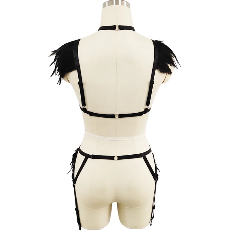 Feather Tassel Pendant Body Harness Set Sexy Lingerie Pastel Goth Rave Harness Woman Bra and Wedding  Garter Belt