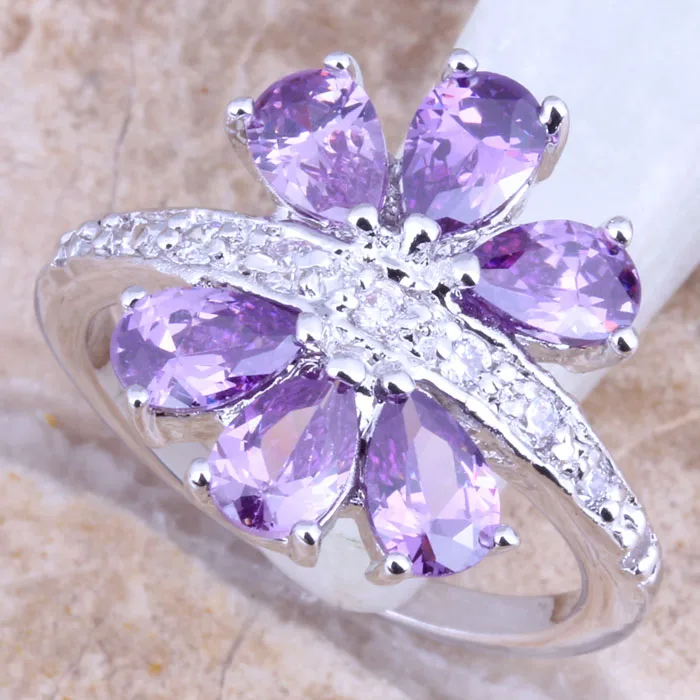 Cheerful Purple Cubic Zirconia White CZ Silver Plated  Women\'s Ring Size 6 / 7 / 8 / 9 R1412