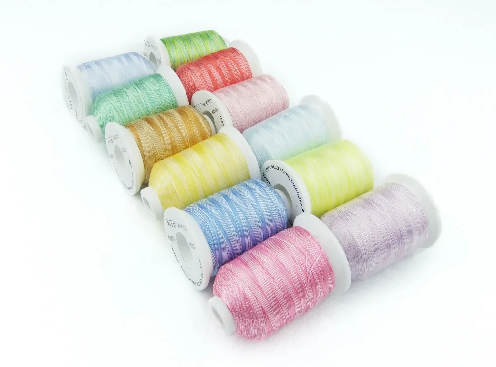 Free shipping variegated color embroidery machine thread 1000m + 12 assorted colors + 1000m/mini-king spools, 12 cones/set