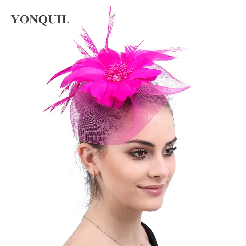 

Hot Pink Mesh Fascinator With Feather Flower Bridal Hair Accessories Fashion Wedding Headwear Crinoline Party Hats Headbands