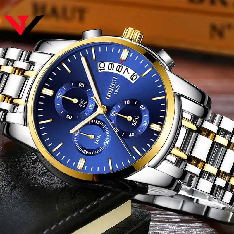 NIBOSI New Fashion Blue Dial Quartz Watch for Men Stainless Steel Waterproof Sport Chronograph Mens Watches Top Brand Luxury