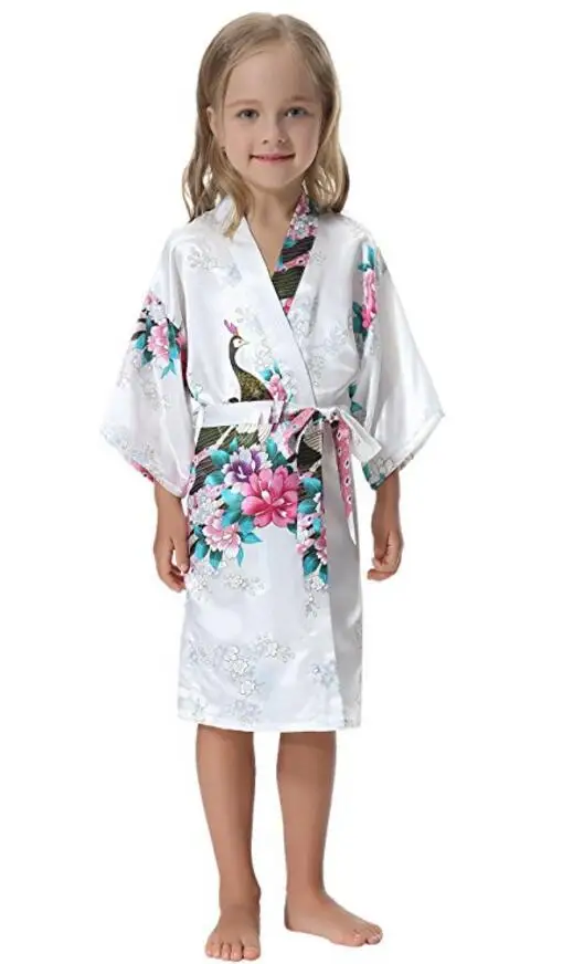 

Kids Robe Satin Children summer Kimono Bath Robes Bridesmaid Flower Girl Dress Silk children's bathrobe Nightgown Peacock robe