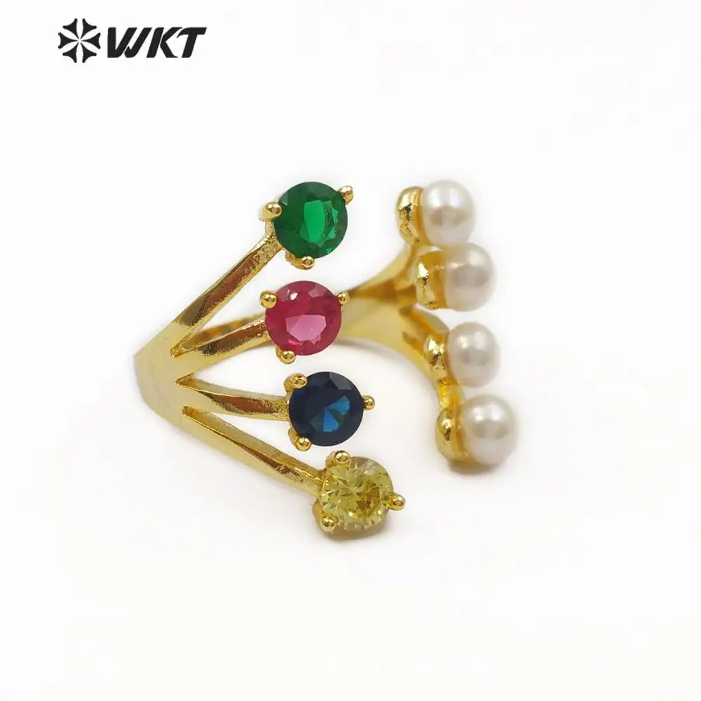 

MR005 WKT Women Fashion Ring Jewelry Pearl&Gem-stones Charm Colorful Ring Freshwater Pearl Ring Cubic Zirconia Pave Ring