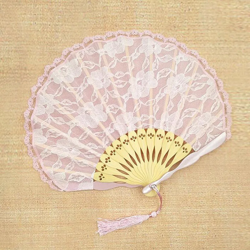 

50pcs Pink White Retro Spanish Bamboo Carved Embroidered Lace Hand Fan Dancing Party Shell Folding Fan ZA4969