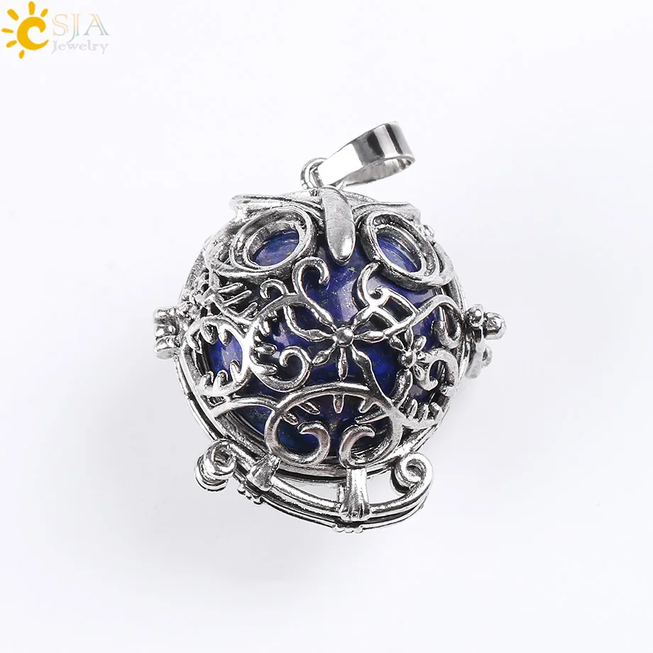 CSJA Cute Owl Openable Locket Pendants Antique Cage Ball Gem Stone Amulet Natural Jewelry Pink Quartz Opal Green Aventurine E683