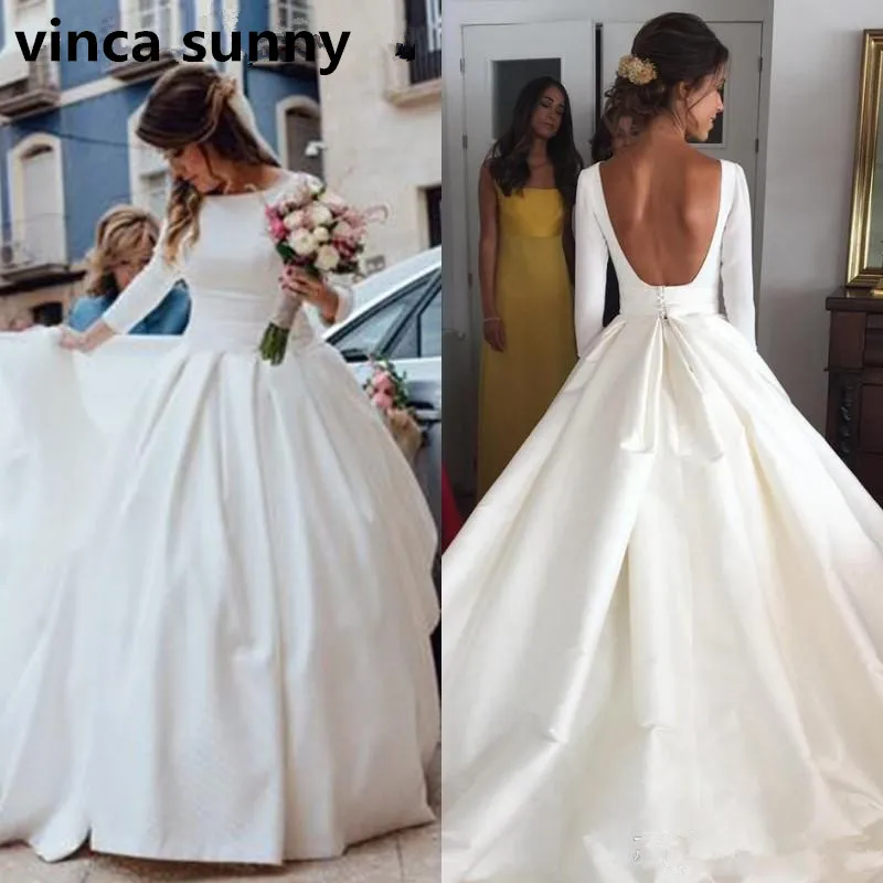 

Vestidos de Novia Simple Cheap Wedding Dresses 2022 Fashion Satin A Line Long Sleeves Backless Wedding Dress Sexy Bridal Gowns